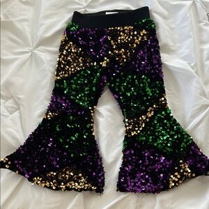 Girls' Black Sequin Flared Bottoms with Purple, Green & Gold Accents